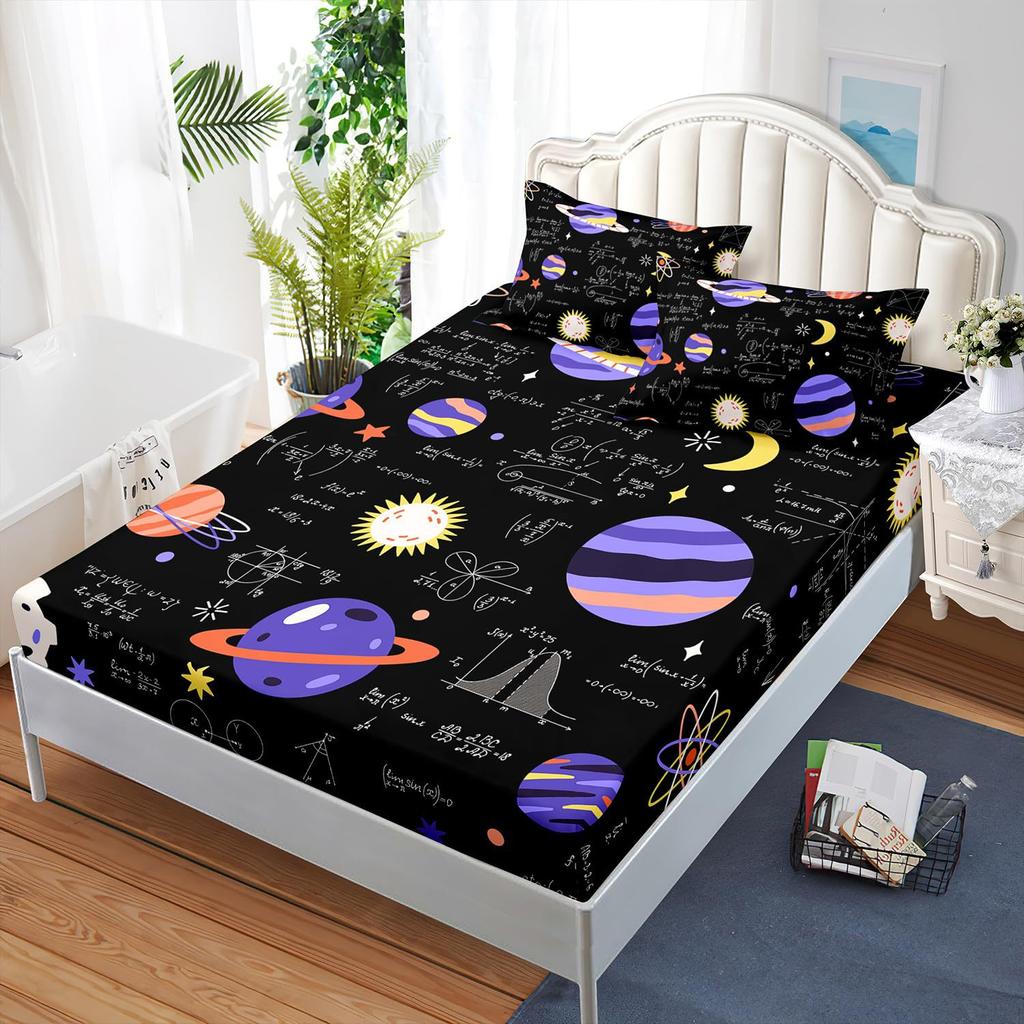 Math Galaxy Cartoon Planet Pattern Sheet Three-Piece Digital Printing Bedding Boys Girls