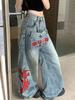 American High Street Spice Retro Embroidery Graffiti Print Jeans Women's Summer New Loose and Thin Trousers Wide-leg Trousers