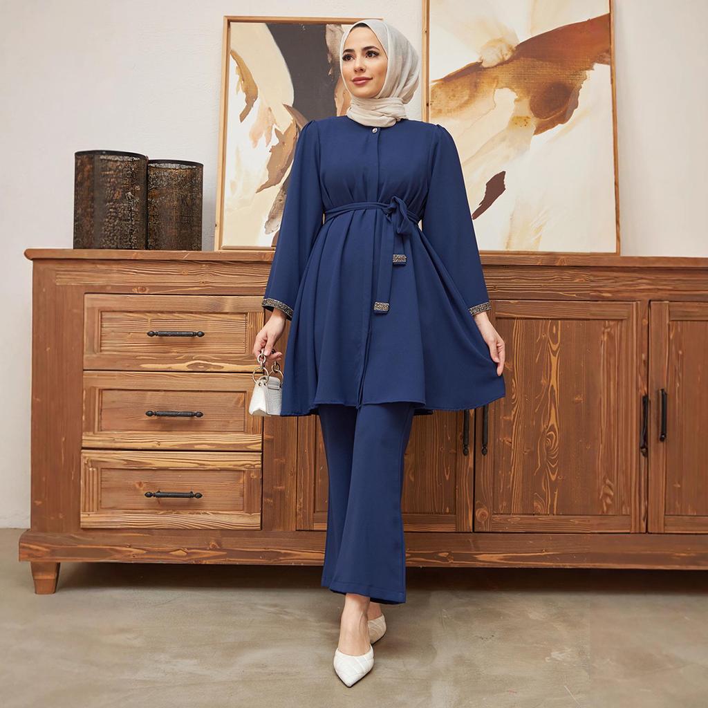 Muslim Women's Fashion 2-Piece Set: Hot Drilling Loose Top & Flared Pants