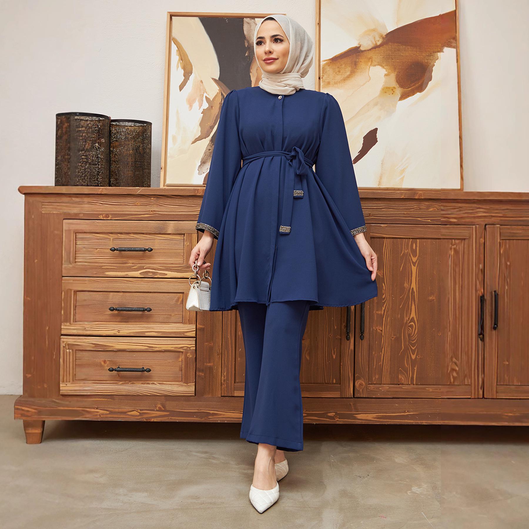 

Muslim Women s Fashion 2-Piece Set: Hot Drilling Loose Top & Flared Pants XL