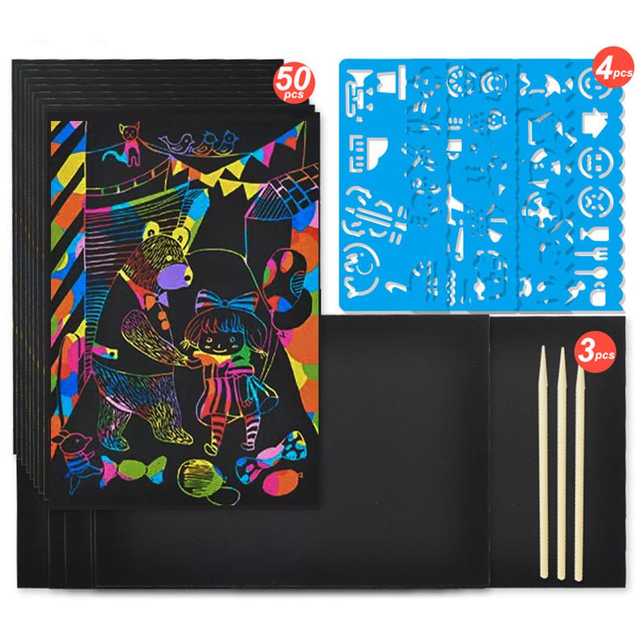 50pcs 18.5cm Scratch Painting Set with 4pcs Painting Template Ruler Imaginative DIY Painting Art Kits School Office Supplies