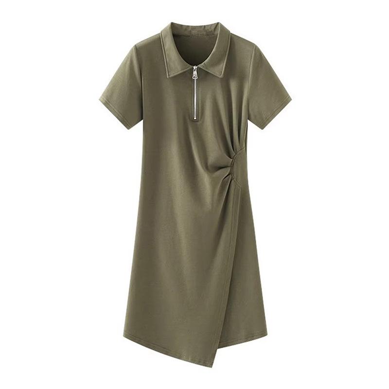 Chic and Unique Green Polo Collar Waist Dress Irregular a Word Short Women's Summer New Small Man
