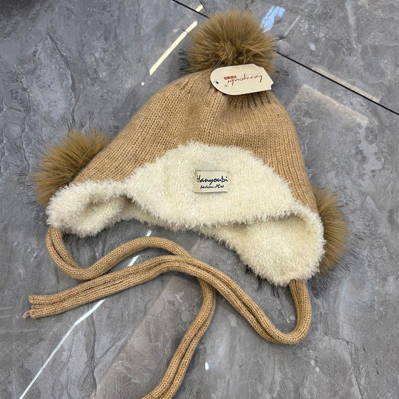 Fresh Hairball Ear Protection Integrated Solid Color Versatile Wool Lei Feng Hat Knitted Hat Autumn and Winter Women's Windproof Wool Hat