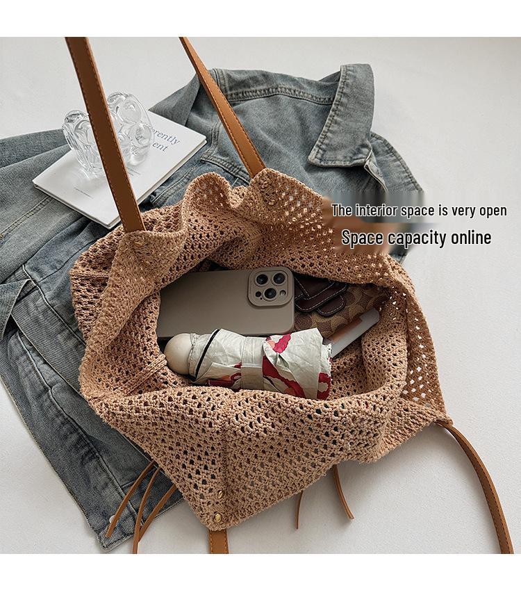 Damen geflochtene Stroh-Schultertasche - Nischenmarkt, Lässiger Stil, Hohlmuster für Urlaub oder Pendeln