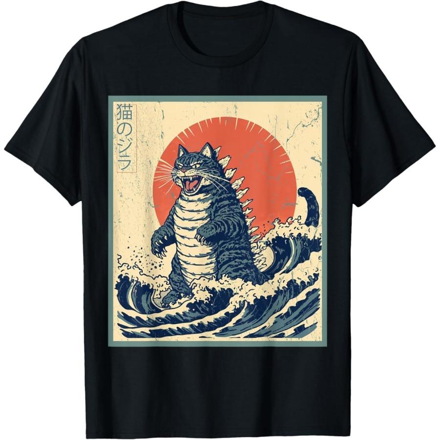 XuGGYXD Catzilla Cat Japanese Art Funny Cat Shirt Men Women T-Shirt S