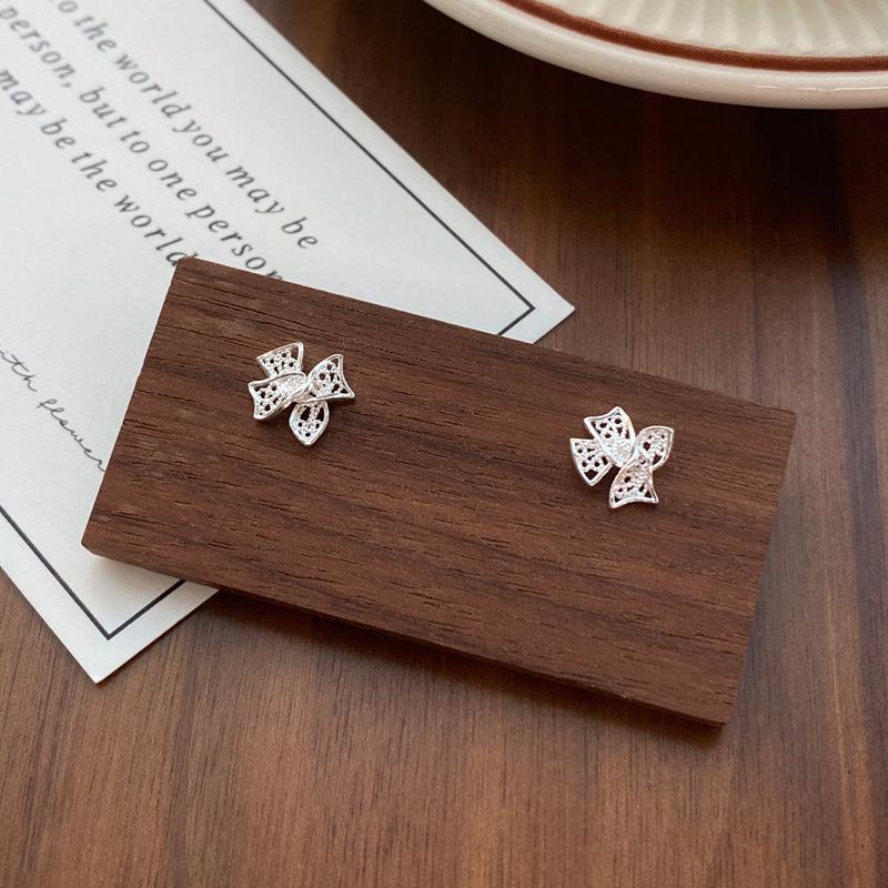S999 Sterling Silver Butterfly Knot Stud Earrings for Women - Elegant High-End Screw Back Design Pure Silver