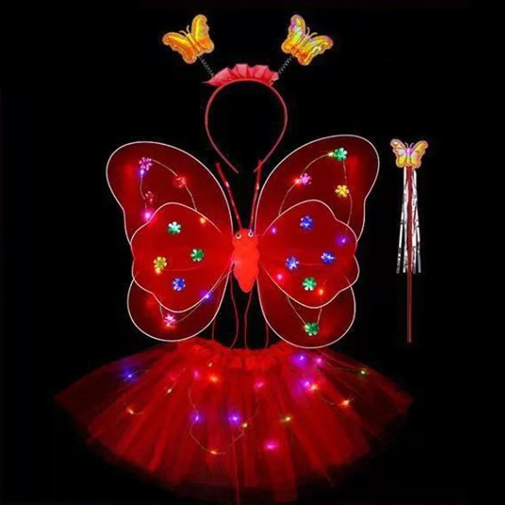 LED Children Costume Props Girls Skirts Angel Luminous Wings Flashing Butterfly Skirt Lights Suit 2-8year Easter Valentines Day