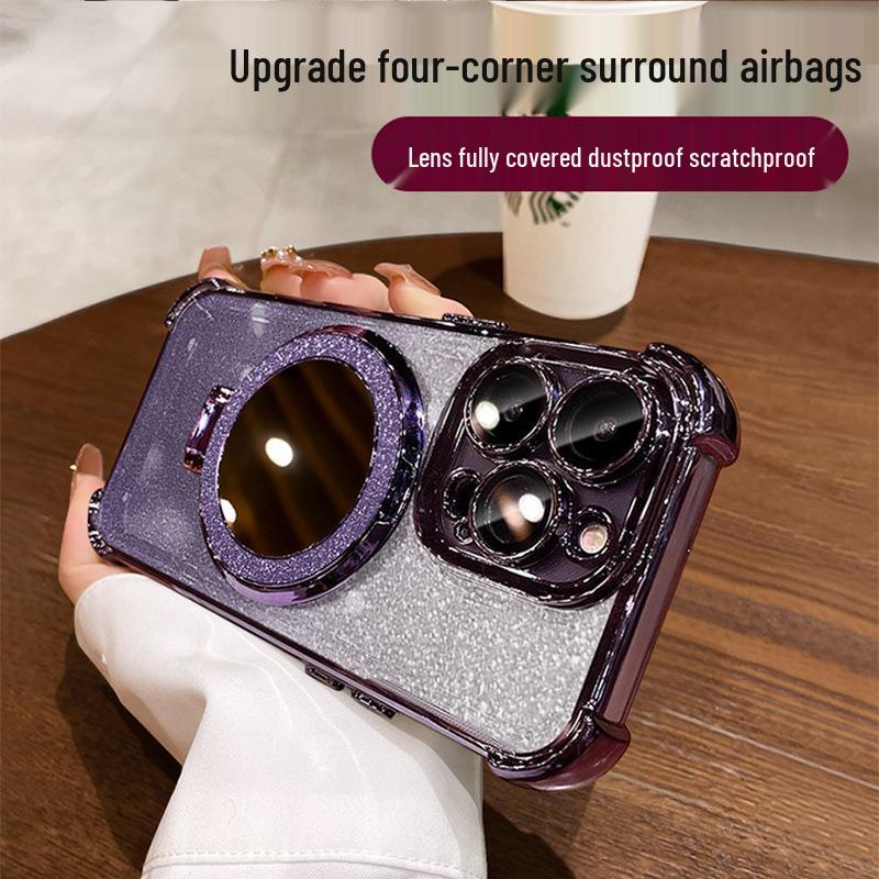 Compatible with iPhone 17/16 Pro Glitter Makeup Mirror Magnetic Stand Case, Airbag Drop-Proof for iPhone 14/15.