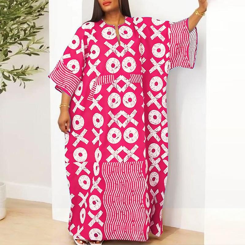 Plus Size Summer Women 3/4 Sleeve Floral Striped Print Casual Loose Long Maxi Robe Dress