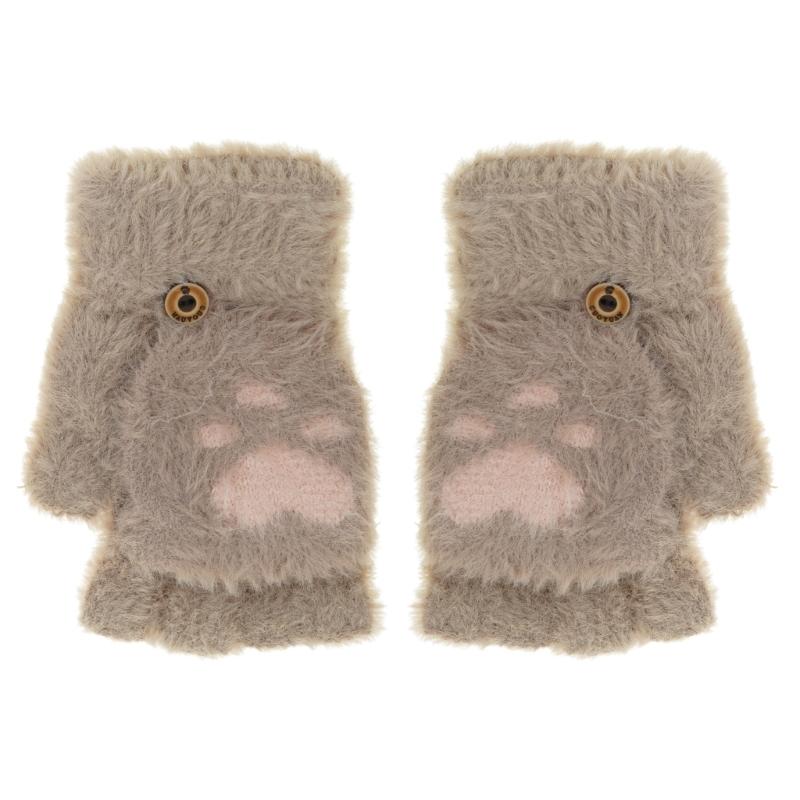Cartoon Plush Cats Paw Fingerless Mittens with Flip Top Winter Knitted Gloves Stretchy Soft Mitten Elastic Warm Mitte
