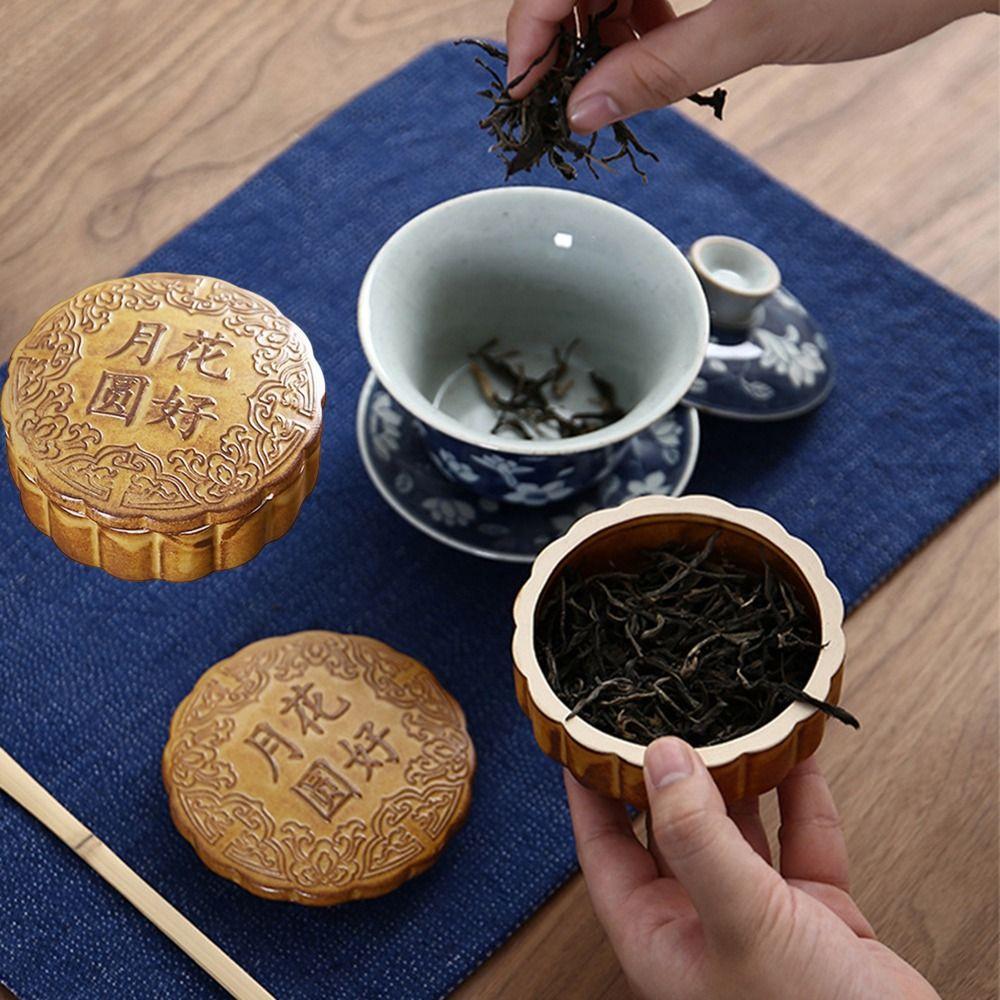 Ceramic Mooncake Shape Tea Jar Round Small Storage Box Tea Storage Container Mid-Autumn Festival