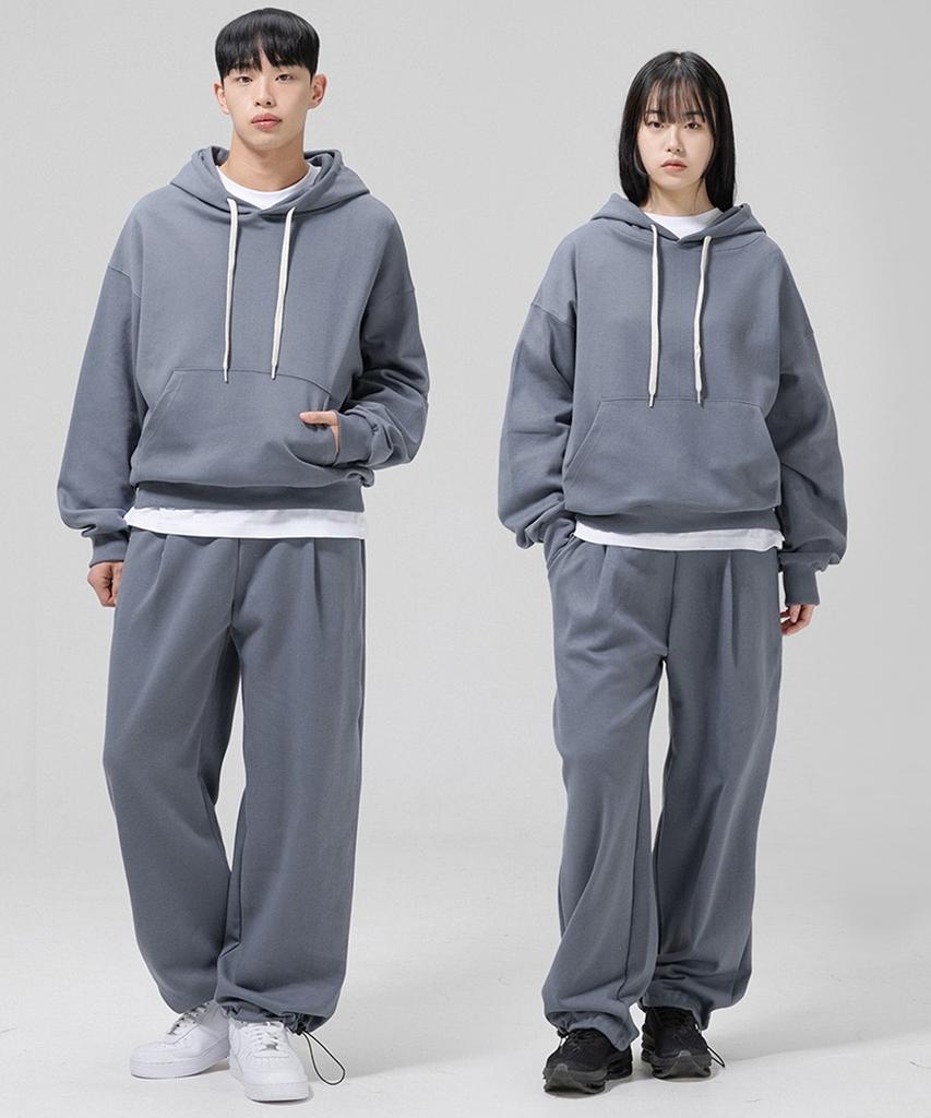 Sweat Balloon Hoodie + One-Pleat Drawstring Training Pants Set-Gray