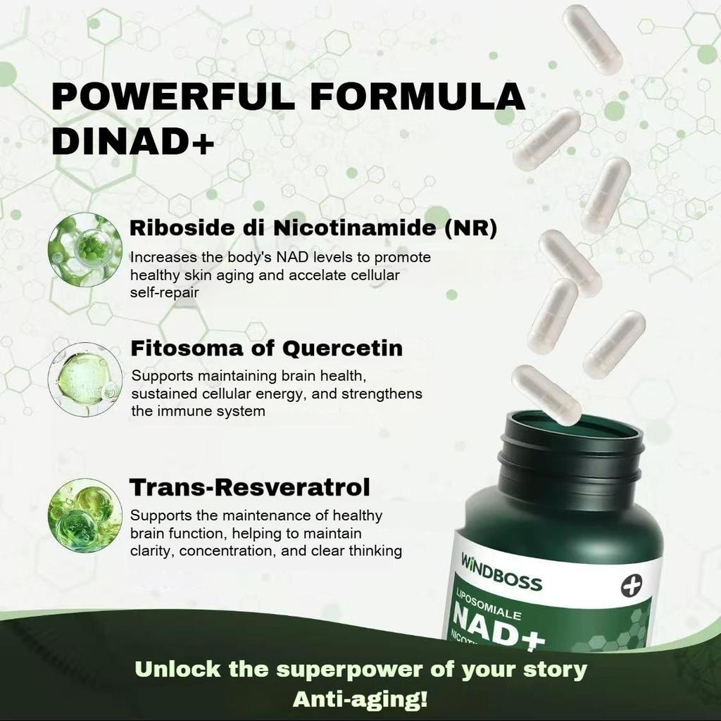 Windboss NAD+ Liposomaal NR 900mg met Quercetine, Trans-Resveratrol en NMN - Verbeterde Energie en Concentratie N01