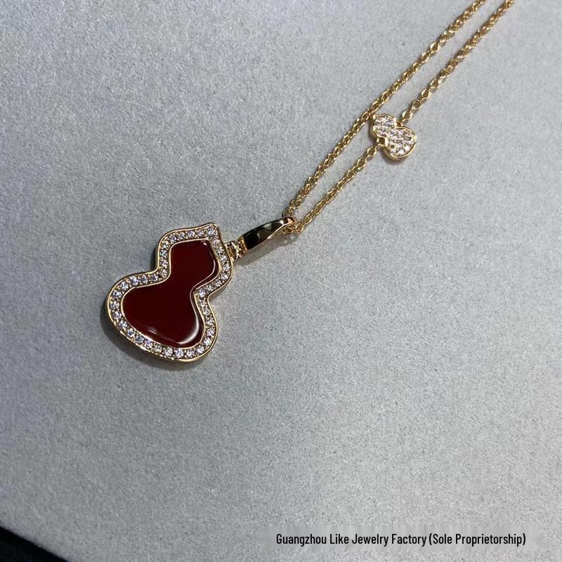 Sterling Silver Gourd Necklace & Bracelet Set with White Mother of Pearl, Red Agate, 18k Rose Gold Qilin Fu Lu Pendant On Clavicle Chain.