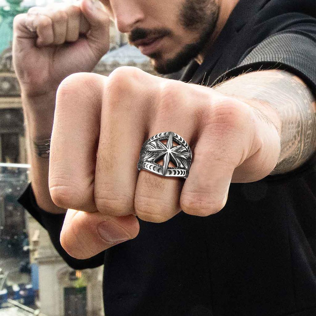 Stainless Steel Crescent Moons Star Rings for Man Woman The Rays of The Sun Ring Size 7-14 Retro Style Couple Jewelry Gift