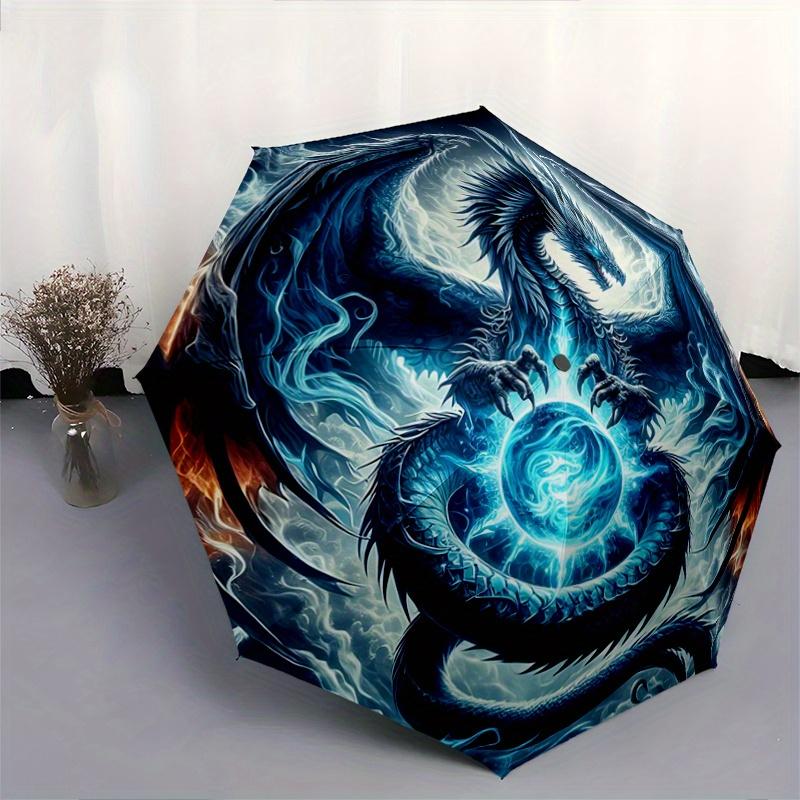 1pc Blue Dragon Pattern Beautiful Looking Automatic Folding Umbrella, 3 Folding, 8 Iron Frame Design, Durable and Suitable for Travel and Daily U