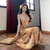 French Oil Painting Printing Halter Neck Dress Women's First Love Long Dress Gentle and Beautiful Beach Dress Summer