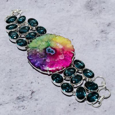 Natürlicher Regenbogen-Sonnenquarz, Iolith-Stein, 925er Sterling-Silber-Armband, 17,8–20,3 cm, w7E60