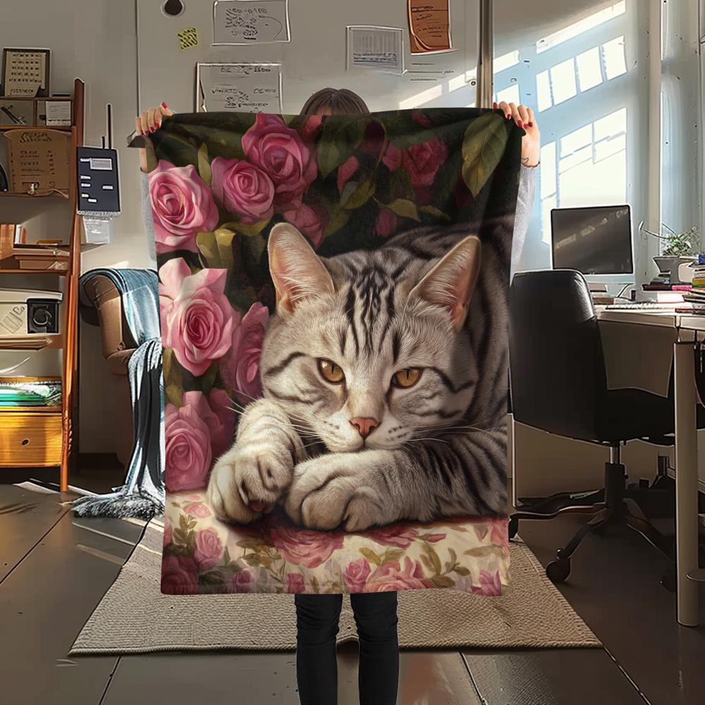 American Shorthair and Roses,pattern Flannel Blanket, High quality Comfortable for All Seasons, Home Decor, Warmth and Comfort, Perfect for Gifts.