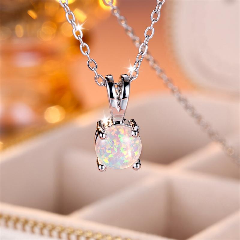 Minimalist Round Blue White Fire Opal Necklaces For Women Silver Color Rainbow Birthstone Wedding Engagement Pendants Jewelry