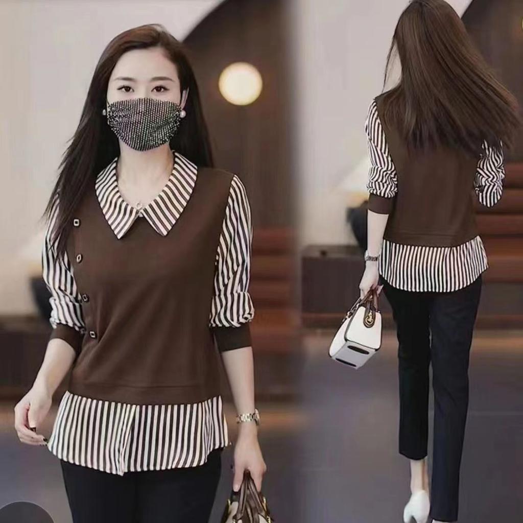Women's Spring Elegant Commuter Age Reducing Shirt Long Sleeve Colour Blocking Pullover Top