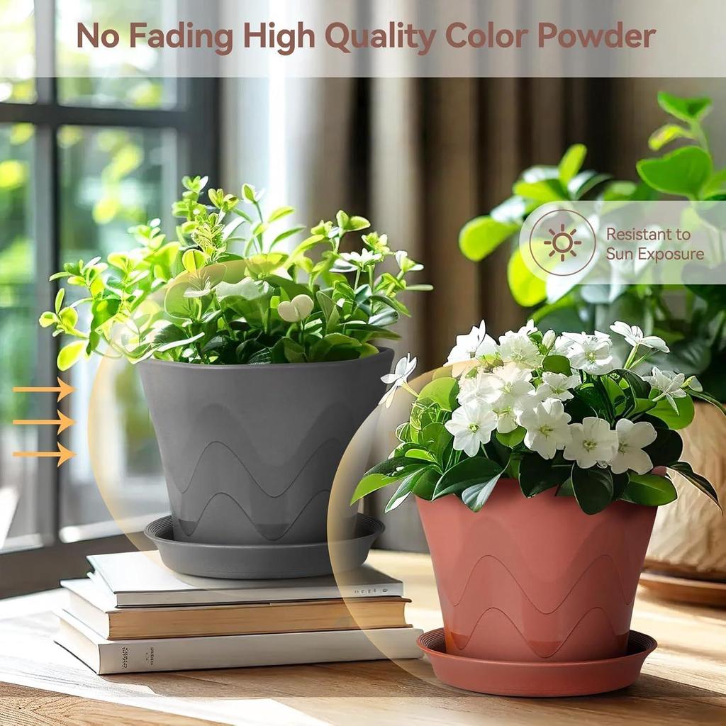5.7Inch Plastic Flower Pots for Indoor Outdoor Planters with Drainage Tray Hexagon Design,Breathable Bottom,Lightweight for Balcony,Garden,Home