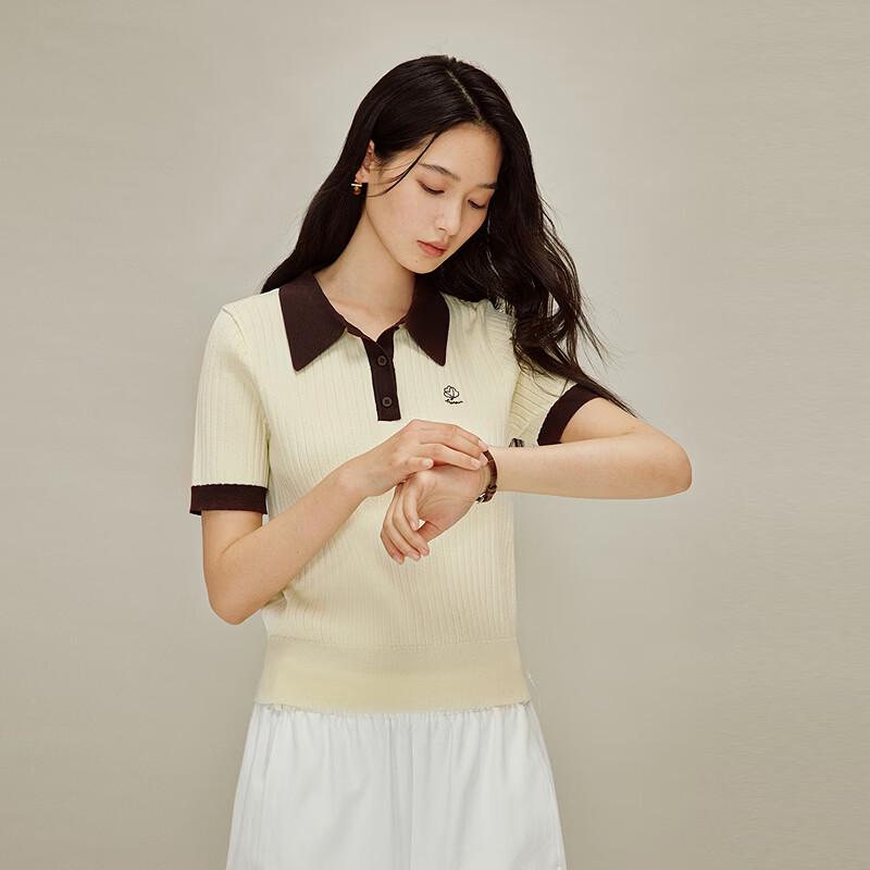 INMAN Women's Color Block Polo Collar Short Sleeve Knit Top