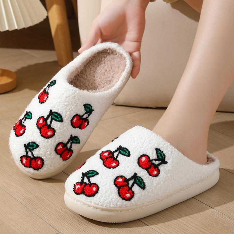 Fashion Cute Cherry Printed Winter Slippers for Women Thick Plush Warm House Shoes Woman Non Slip Comfortable Soft Indoor Slippers 2025