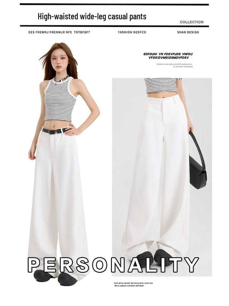 Women's Autumn 2025 Casual White Wide-Leg Pants: High-Waist, Loose, Slimming, Drapey, Floor-Length