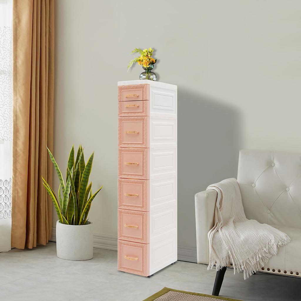 Slim Storage Organizer, Narrow 6-Tier Storage Cabinet with 7 Drawers & Movable Wheels, Lightweight PP Material for Bathroom