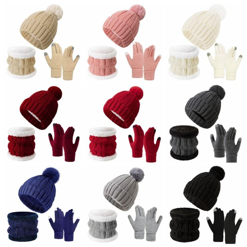 3pcs Soft Solid Color Hat Scarf Gloves Set Cute Pompom Thickened Knitted Hat with Velvet Keep Warm Beanie Hat Kids