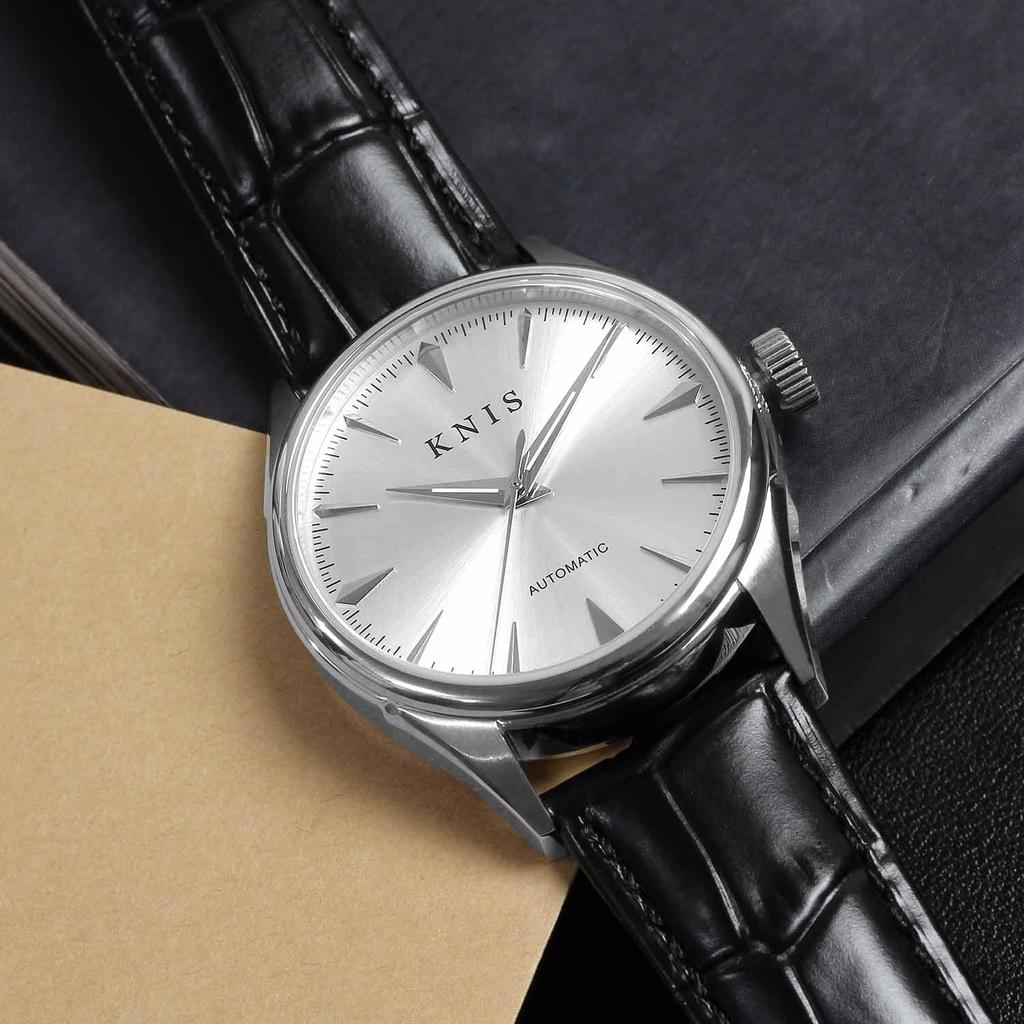 KNIS Automatic Made in Sapphire 10 ATM Water White Black Men's Watch, Japan, Crystal, Resistance, Silver, Leather, KN001-WHBKLE