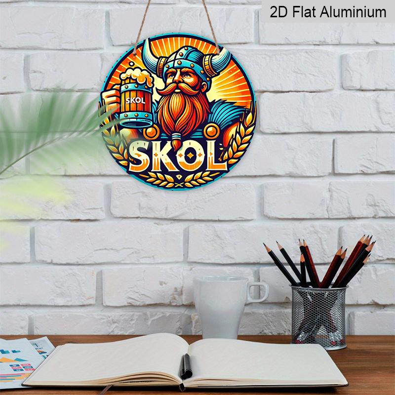 2D Flat 1pc, 8x8 in, Vintage Skol Beer Viking Design Aluminum Metal Decorative Signs & Plaques, Round Door Mount Metal Wall Decor for Bar, Cafe