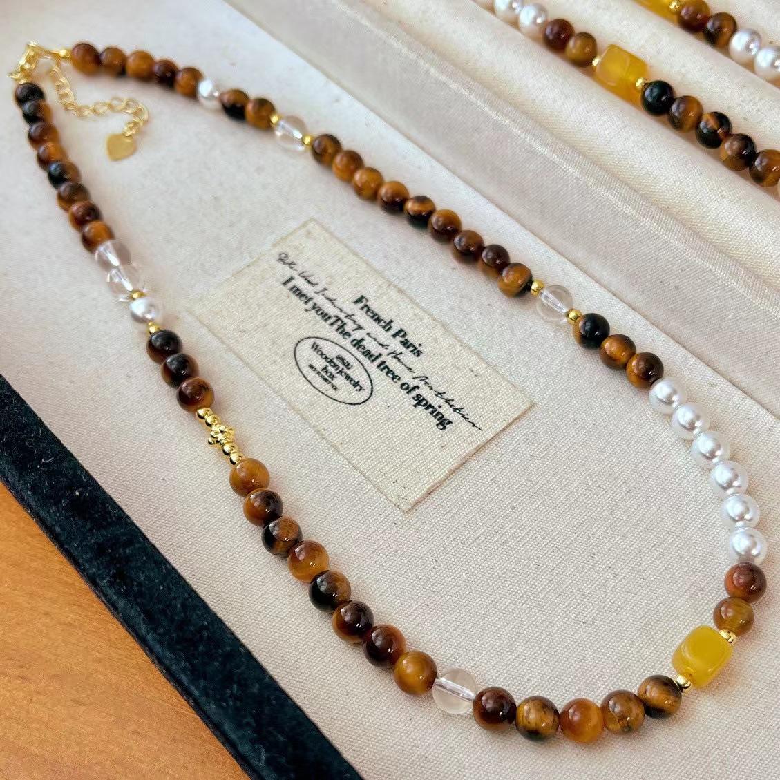 Vintage Autumn And Winter Maillard Natural Tiger S Eye Stone Niche Premium Necklace Clavicle Chain