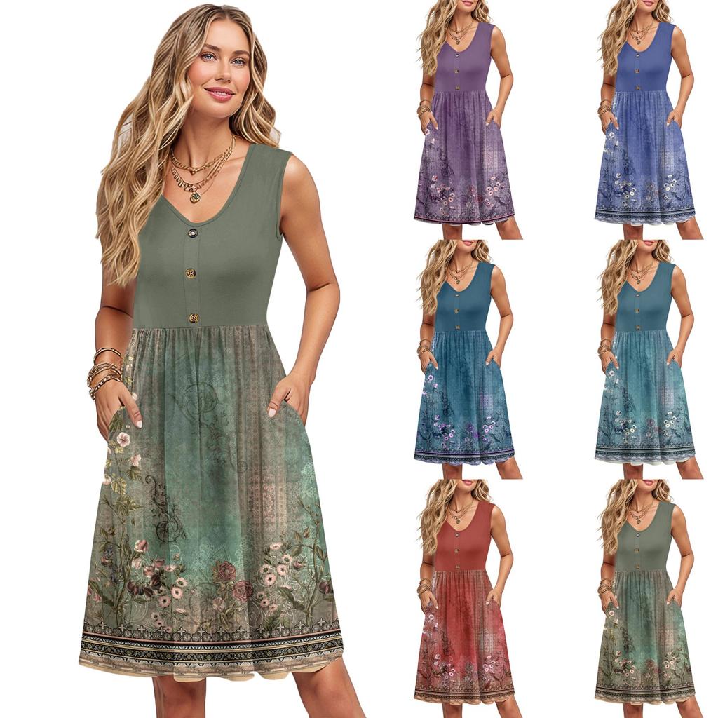 Women Summer Dresses Sleeveless Casual Loose Swing Button Down Midi Sundress With Pockets