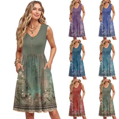 Women Summer Dresses Sleeveless Casual Loose Swing Button Down Midi Sundress With Pockets