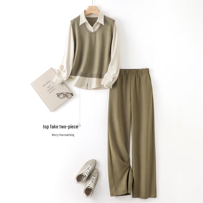 IHIMI 2025 Autumn Faux Two-Piece Knit Shirt Set