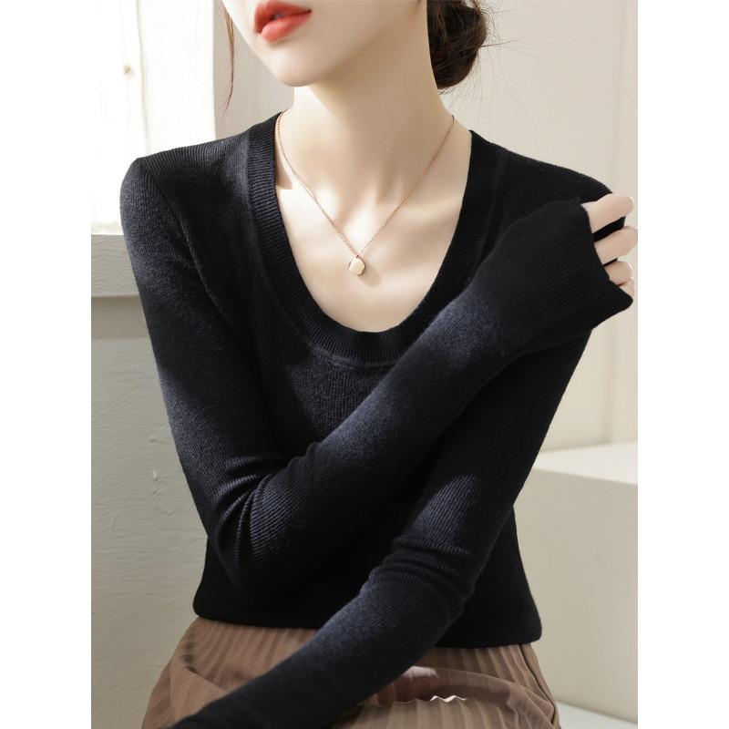 

Однотонный базовый топ с низом женский весенний новый воротник приталенный тонкий с длинным рукавом рубашка вязаный свитер L чёрный