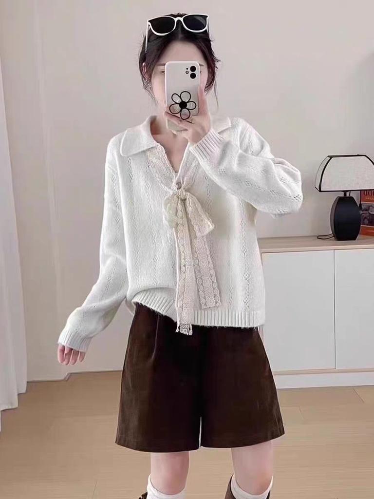Lace Lace-up Lapel Knitted Cardigan Top Autumn and Winter New Loose Lazy Sweater Jacket Women