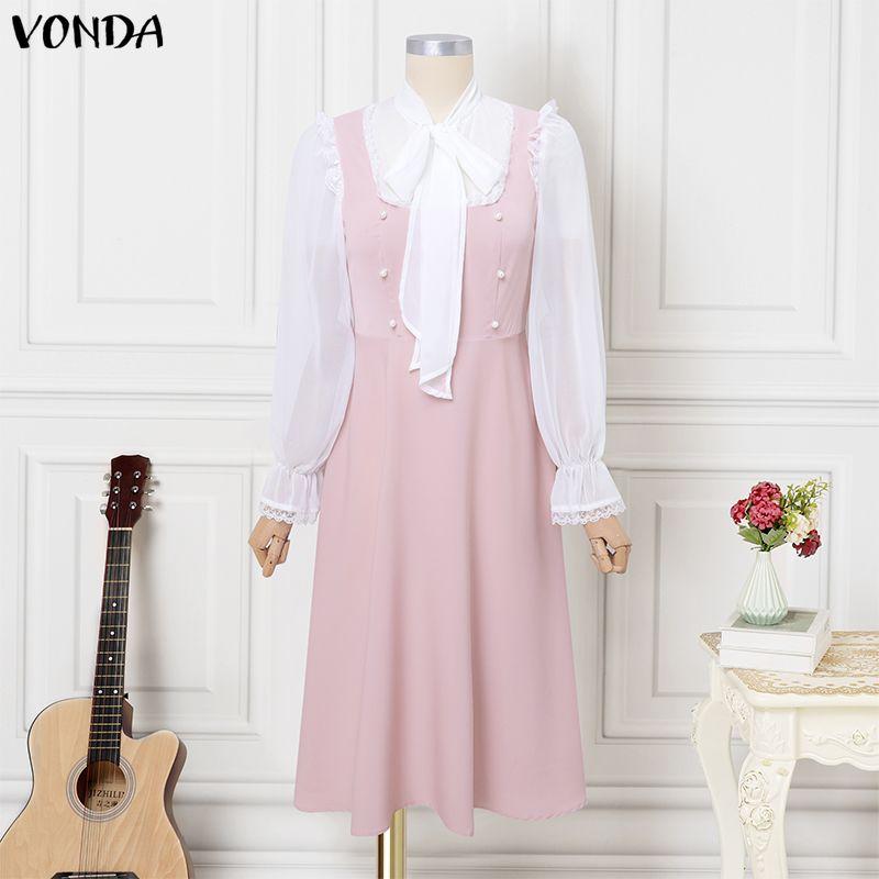VONDA Elegant Women Long Sleeve Ruffled Bow Knot Patchwork Office Midi Dress M розовый