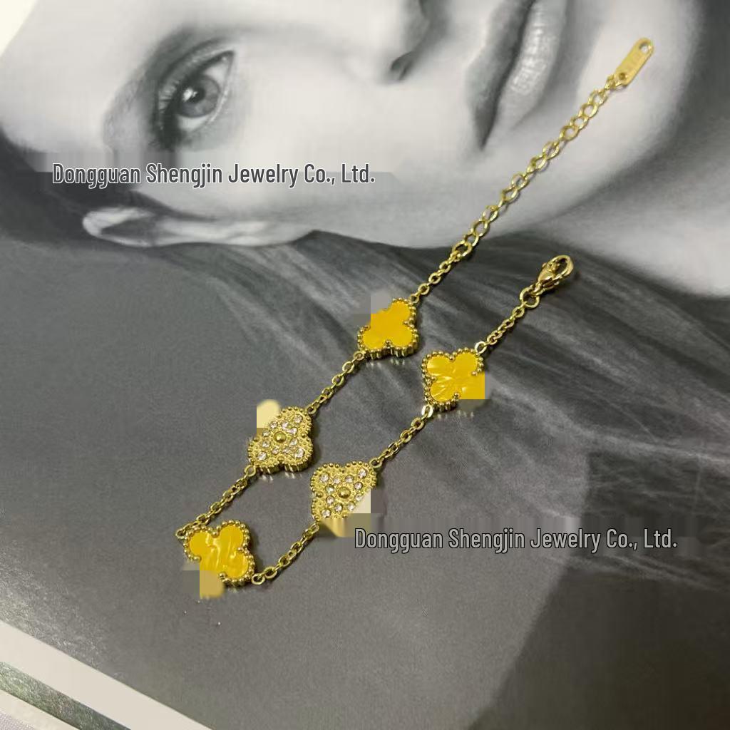 18k Gold 13mm Clover & Diamond Five-Flower Bracelet - Women's Simple, Versatile, Non-Fading Fashion Accessory