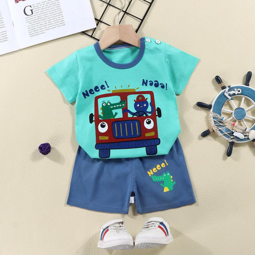 Kids' Summer Cotton Two-Piece Set: Cartoon Short Sleeve & Shorts for Toddlers