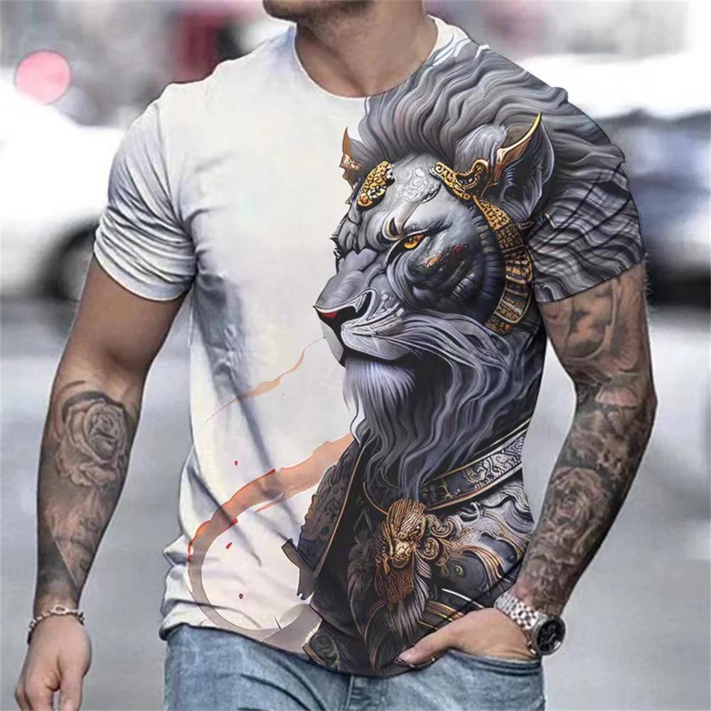 Fashionable Animal Lion Pattern 3D Digital Printing Men's Round Neck Short Sleeved T-shirt