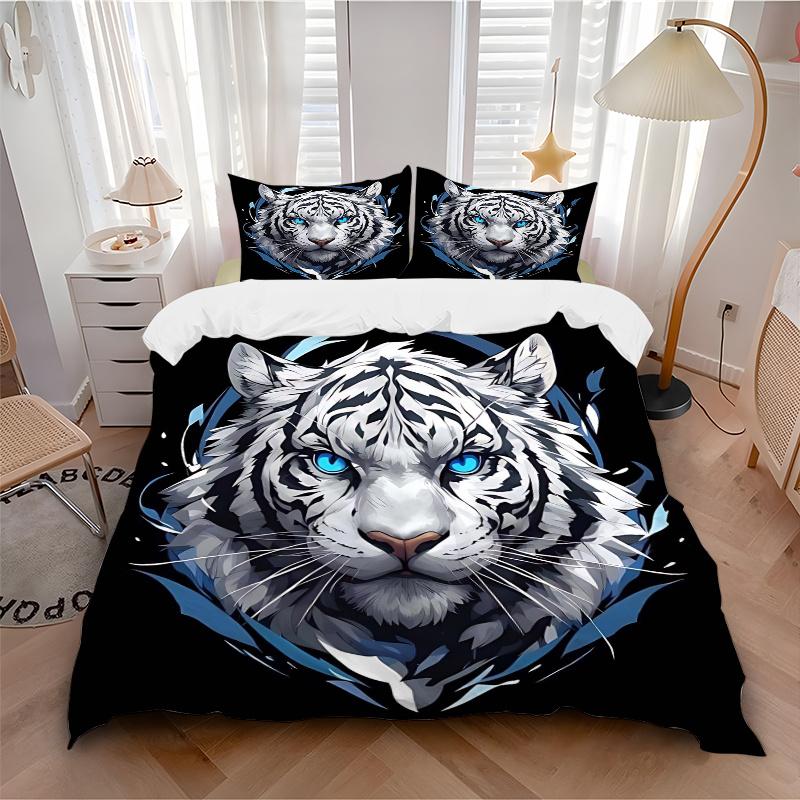 3pcs Blue Eyed White Tiger Bedding Set - Includes 1 Quilt Cover and 2 Pillowcases, Comfortable Bedding with Stylish Design for Bedroom, Mach