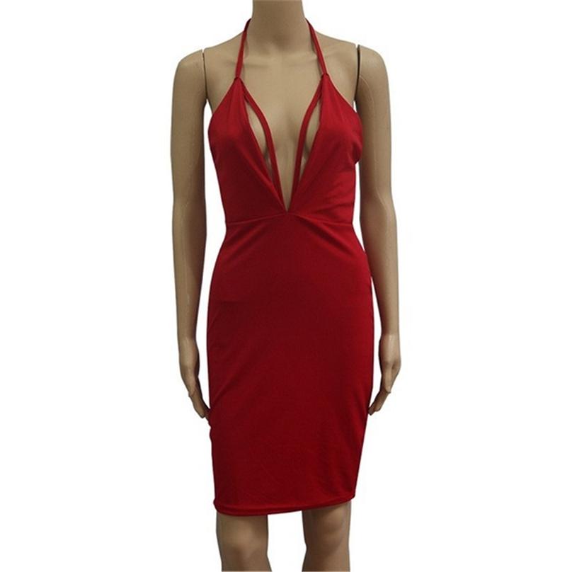 Vestido Feminino Sexy de Festa/Cocktail Estilo Europeu Sem Mangas Decote em V Profundo Bodycon