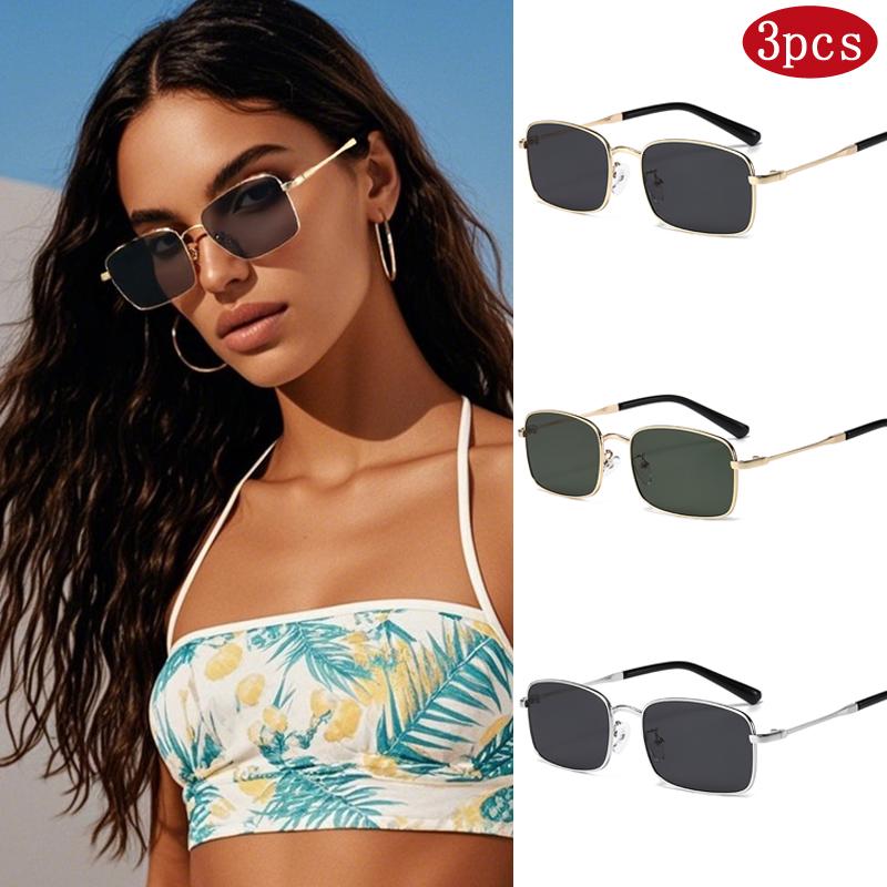 3pcs High Quality Rectangle Sunglasses Women Metal Frame Glasses Vintage Brand Square Sun Glasses for Men Shades Female Eyewear