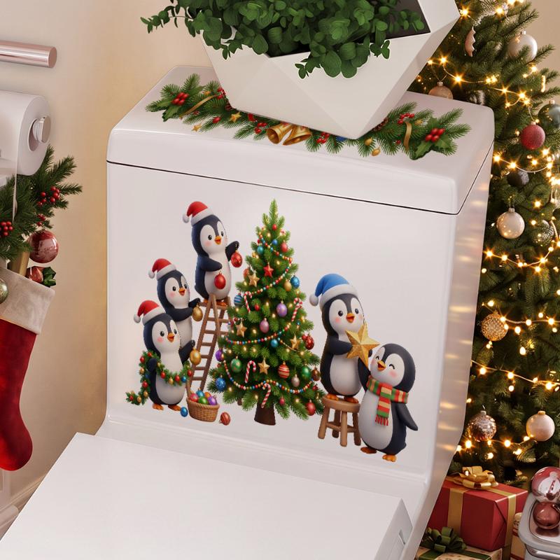 Penguin Hanging Colorful Balls Christmas Tree Toilet Sticker Self Adhesive Waterproof Bathroom Toilet Seat Cover Decal