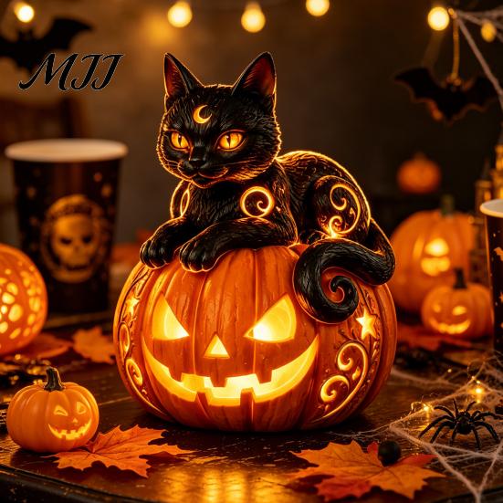 Fantasy Harz Ornamente Halloween Kürbis Lampe, Gotische Leuchtende Tischdeko für Zuhause, Dunkle Raum Akzente Gruseliger Drache Geist Schwarze Katze Ornament,