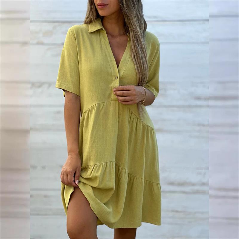 Summer Women's Cotton Linen Solid Color Dresses Lapel Button Patchwork Dress Casual Commuter High Waist Short Sleeves Female Dress