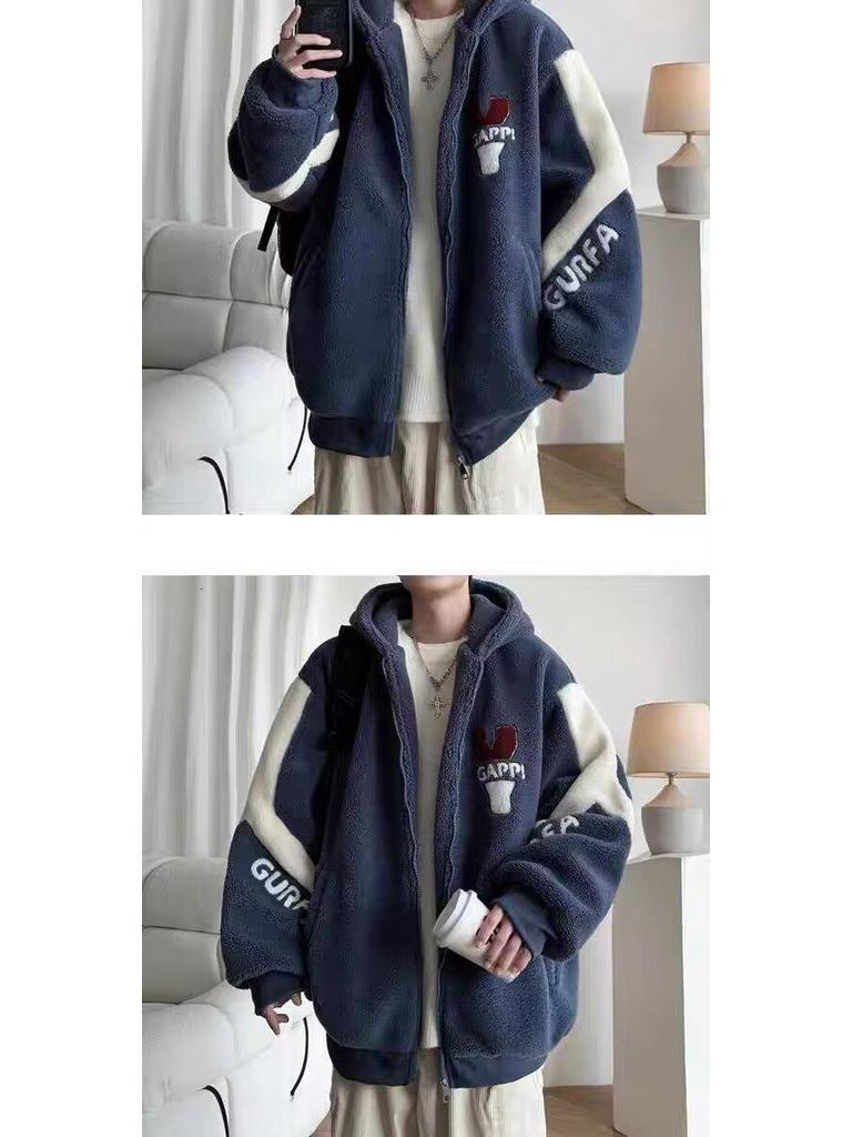 Youth Lambswool Plush Hooded Jacket - Men's Warm Velvet Winter Coat for Junior High, High School, and University Students.